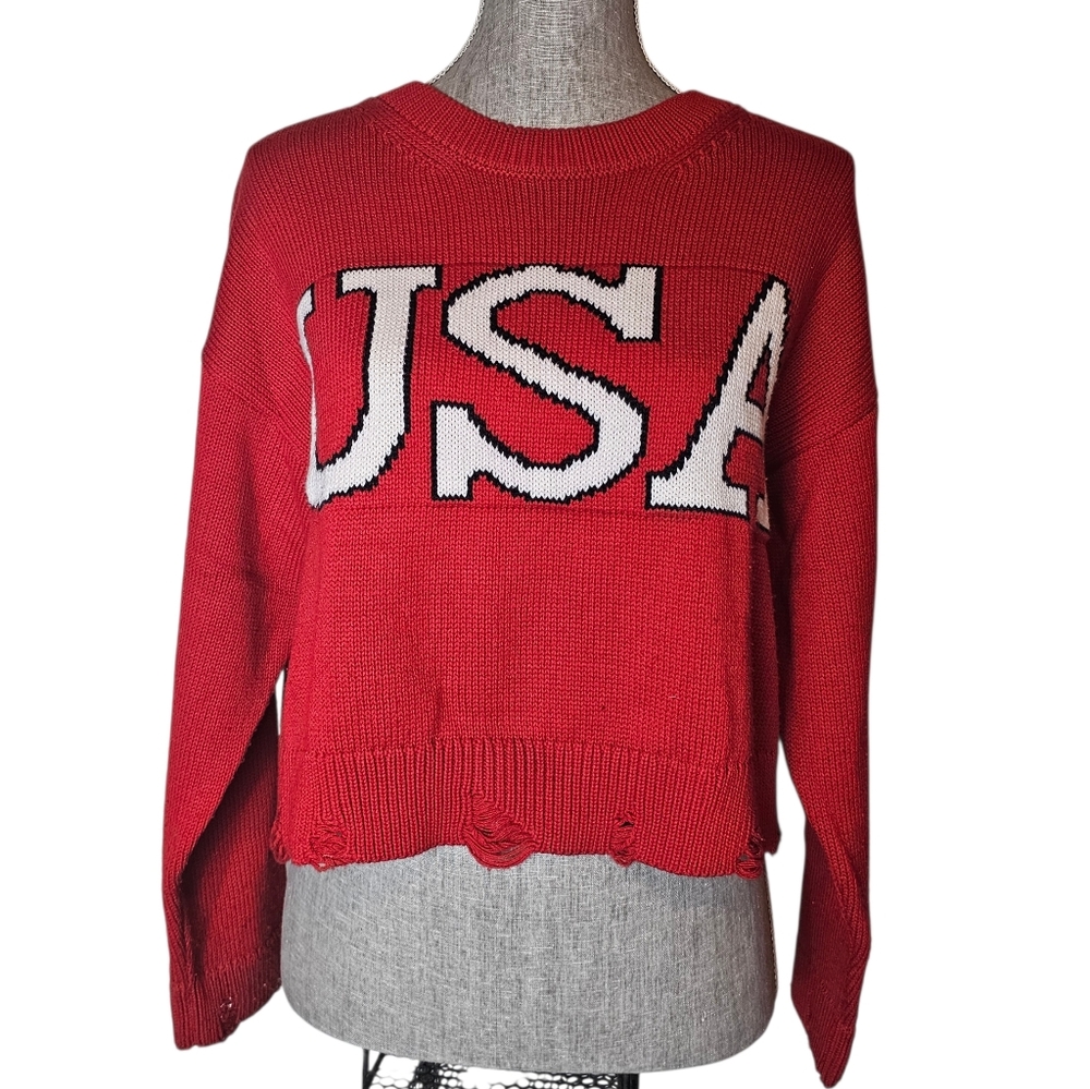 USA Graphic Cropped Red Sweater Size M Knit Distressed Crop Top American